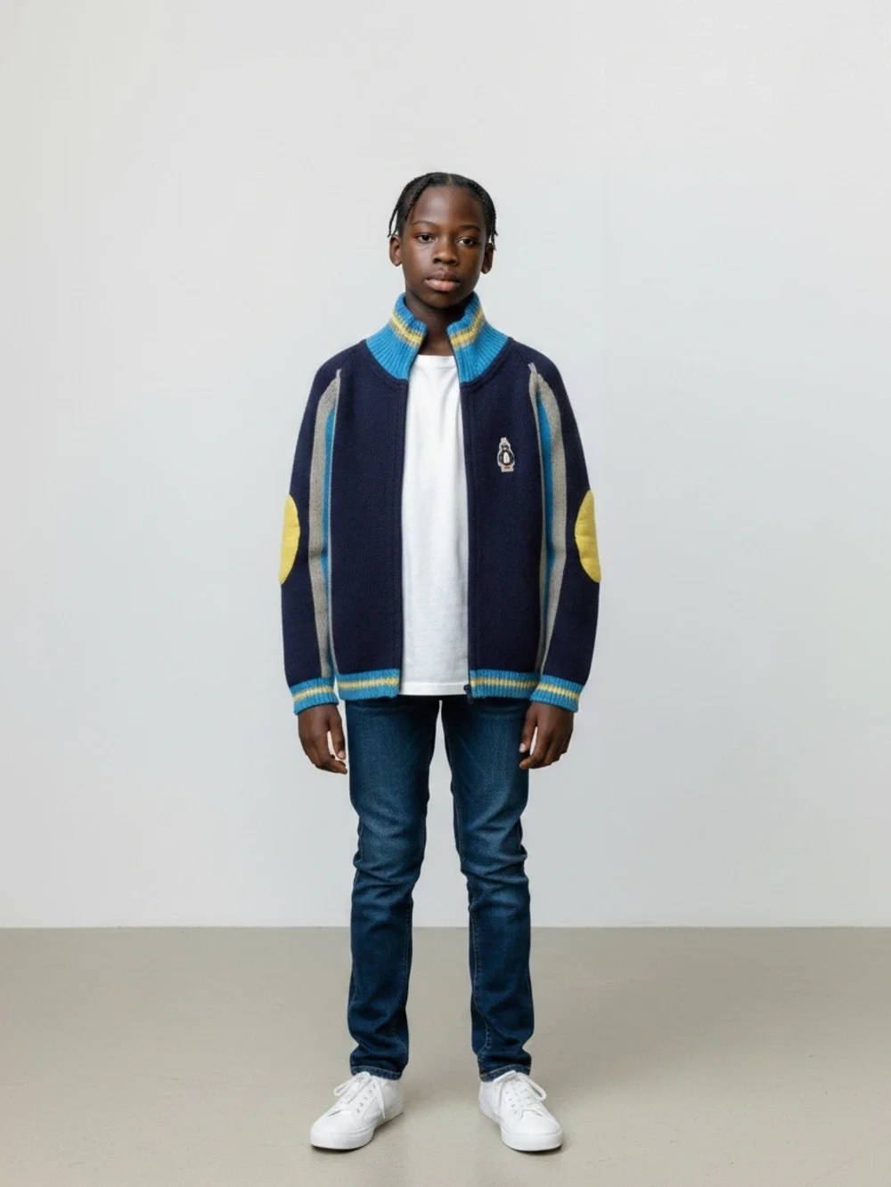 Oilily Kids Navy Blue Yellow Zip-Up Wool Cardigan Zip with Penguin Size 176 - 16